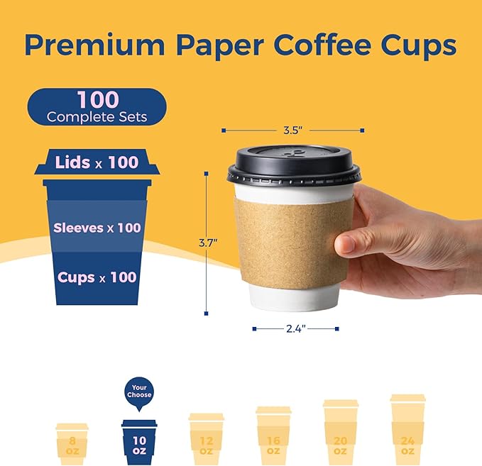 Fit Meal Prep 100 Pack 10 oz Disposable Coffee Cups with Lids, Sleeves, Leak-Proof To Go Coffee Cups with Lids, Durable Paper Cups for Hot Beverage, Home, Office, Party