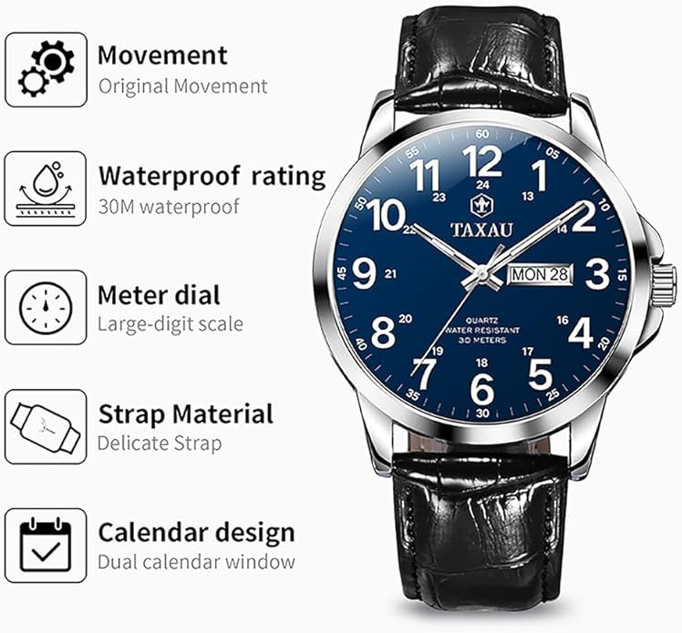 Watches for Men Leather Large Arabic Numerals Mens Watches Waterproof Band with Date Quartz Men's Wrist Watch