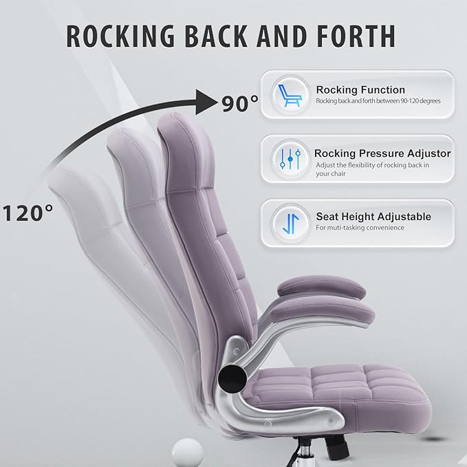 High Back Fabric Office Chair Purple, Velvet Executive Desk Chairs with Flip-Up Arms, Ergonomic Office Chairs with Lumbar Support, Upholstered Home Computer Swivel Chair with Wheels