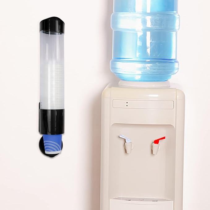 Cup Dispenser, Water Cooler Pull Type Cup Holder Fits 5oz - 7oz Cone or Flat Bottom Cups, Paste or Screw Plate Wall Mount, 15" Tube Length Black
