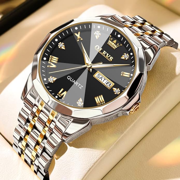 OLEVS Mens Watch Stainless Steel Analog Quartz Watches for Men Day Date Easy Read Diamond Waterproof Dress Luxury Classic Casual Big Face Blue/Black/Gold/Silver Roman Arabic Numerals Men's Wrist Watch