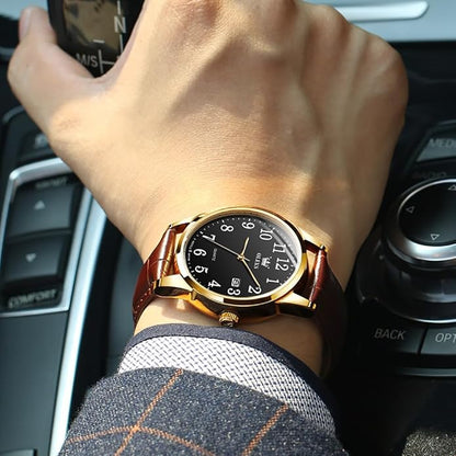OLEVS Mens Watches Vintage Leather Band Dress Classic Easy Reader Arabic Numerals Analog Quartz Waterproof Date and Day Blue/Black/White Large Face Men's Wrist Watches
