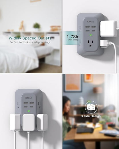 Addtam Surge Protector Outlet Extender, Multi Plug Wall Outlet with 4 USB Ports(PD 20W), 3-Sided 1800J Power Strip Plug Extension Outlet Splitter, Gray