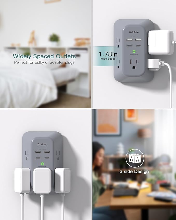 Addtam Surge Protector Outlet Extender, Multi Plug Wall Outlet with 4 USB Ports(2 USB-C), 3-Sided 1800J Power Strip Plug Extension Outlet Splitter, Gray
