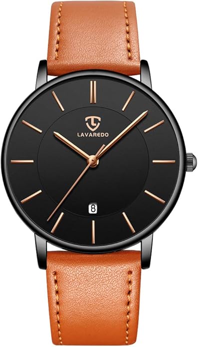 L LAVAREDO Watch for Men, Extremely Thin Mens Watches Minimalist Analog Men's Leather Wrist Watches with Time/Date, Birthday Gift for Men Boyfriend
