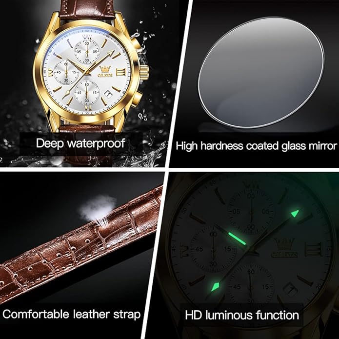 OLEVS Men's Chronograph Leather Watch, Big Face Easy to Read Analog Quartz Dress Watch, Casual Waterproof Luminous Hands Date Watches for Men, White/Blue/Black/Gold Dial