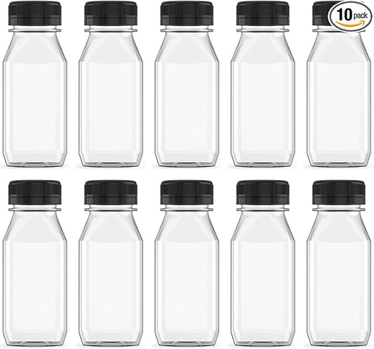 10 Pcs 4 Ounce Plastic Juice Bottle Drink Containers Juicing Bottles with Black Lids, Suitable for Juice, Smoothies, Milk and Homemade Beverages, 120 mL
