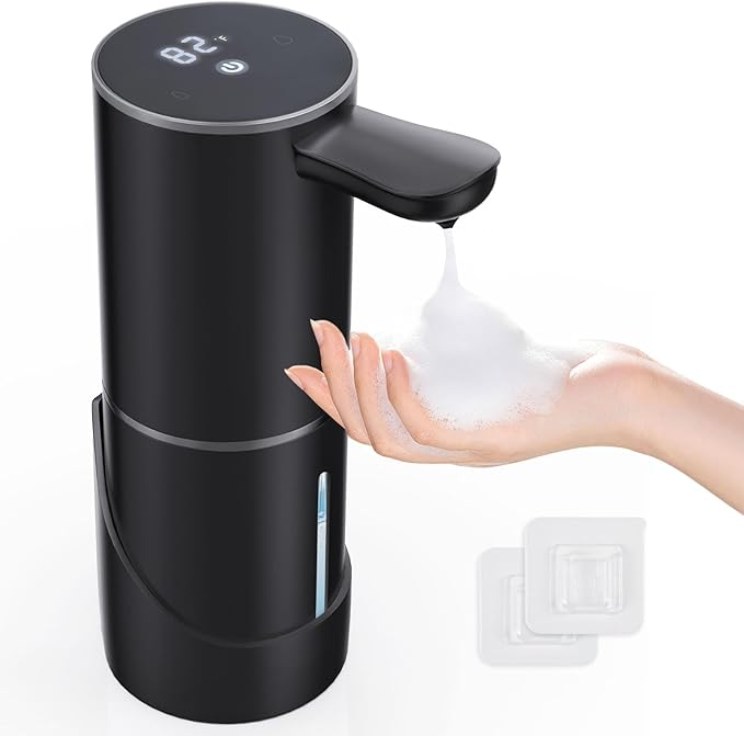 Automatic Foaming Soap Dispenser Touchless, 15.55 oz/460mL USB C Rechargeable Hand Sanitizer Dispenser with Auto Clean, 5 Adjust Volume,°C&℉ display, Waterproof Pump for Bathroom Kitchen (Black)