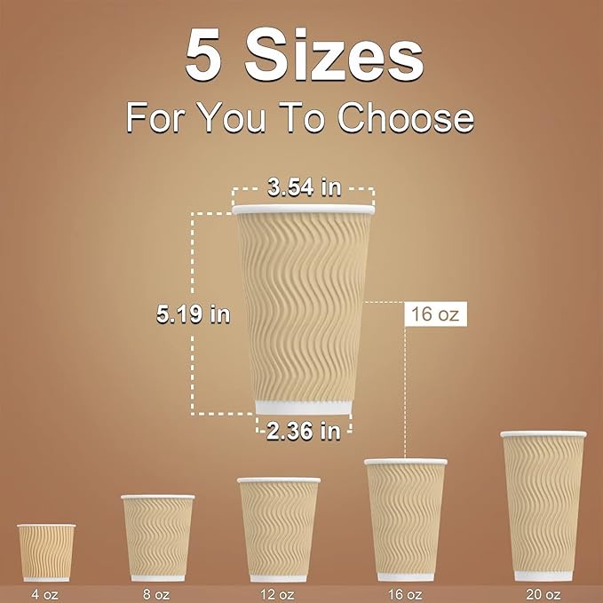Hot Paper Cups 16 oz Disposable Insulated Corrugated Sleeve Ripple Wall Paper Cup 100 pcs,16oz Cups for Drink，Hot Coffee Cups (Brown)