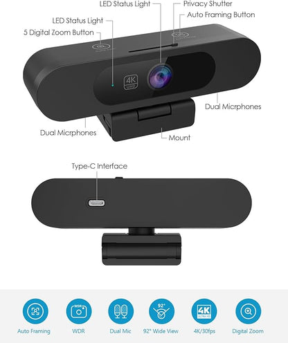 4K Webcam for PC, Ultra 4K HD, AI Auto Framing, Webcam for Streaming, Auto Focus, Dual Noise Reducing Mics, 5X Digital Zoom, 92°FOV, Plug and Play, Ideal for High-End Meeting, Streaming