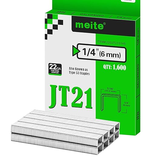 meite JT21 Staples, 1/4 Inch Galvanized Fine Wire Staples for Staple Gun - 7/16" Crown JT21 Staple Refill, Ideal for Upholstery, Crafts, Furniture (1 Case)