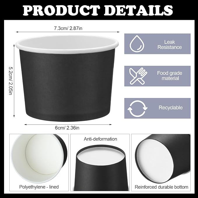 Honeydak 400 Pack 150 ml/ 5 oz Ice Cream Cups for Party Small Ice Cream Cups Disposable Treat Paper Dessert Snacks Sundae Container Wedding Birthday Party Supplies (Black,Simple)