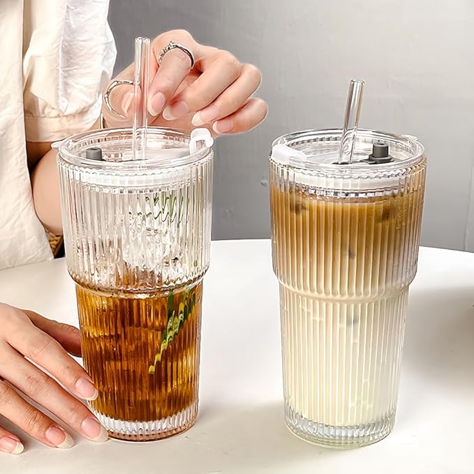 TUZAZO 20 Oz Glass Tumblers with Lids and Straws - 2 Pack Ribbed Glass Iced Coffee Cup with Straw and Lid, Thicken Glasses, Ideal for Smoothieds, Cocktails, and Juices
