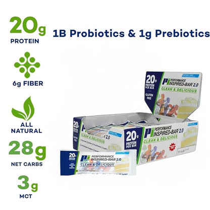 Performance Inspired Nutrition Protein Bar 2.0 – 20G Protein, 6G Fiber, 3G MCTs, 1 Billion CFU Probiotics – Gluten-Free – Birthday Cake Flavor – 12 Count