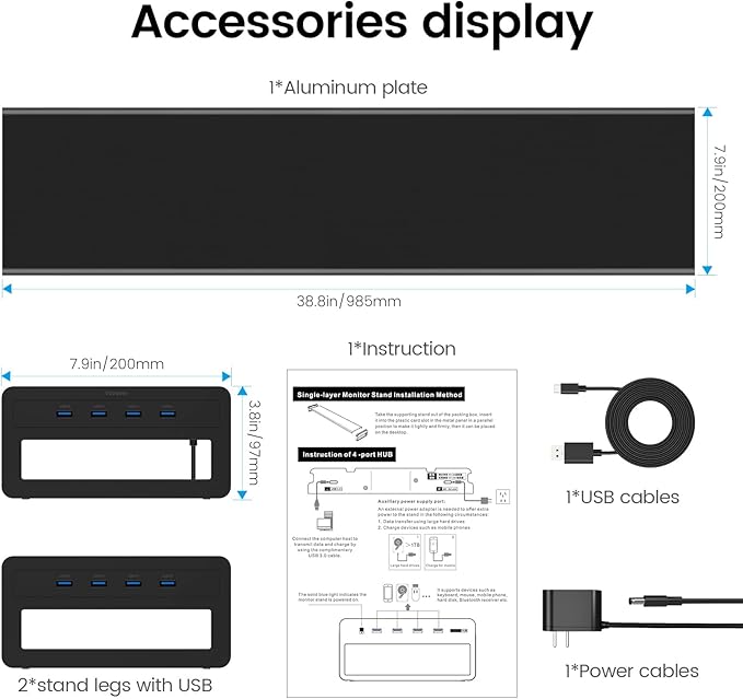 Vaydeer Dual Monitor Stand Computer Riser with USB 3.0 Hub Ports, Double Metal Stand for 2 Computer, TV, PC, Printer, Multi Media Speaker, Multifunctional Desktop Organizer