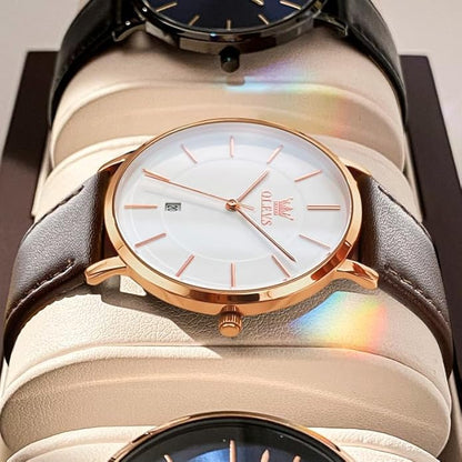 OLEVS Mens Watches Mens Leather Watch Ultra Thin Watches for Men Minimalist Watch with Leather Band Quartz Analog Dress Casual Simple Lightweight relojes para Hombres