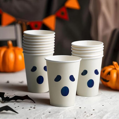 Halloween Disposable Paper Party Cups, Bulk 50 Pack, Leak-Resistant, 12 oz Hot and Cold Cups for Restaurants and Parties, Ghost Face