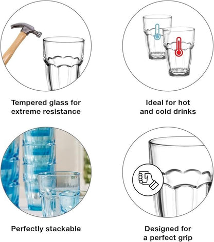 Bormioli Rocco Rock Bar 7.25 oz. Juice Stackable Tempered Beverage Glasses for Cold Drinks, Water, and Cocktails, Set of 6, Clear