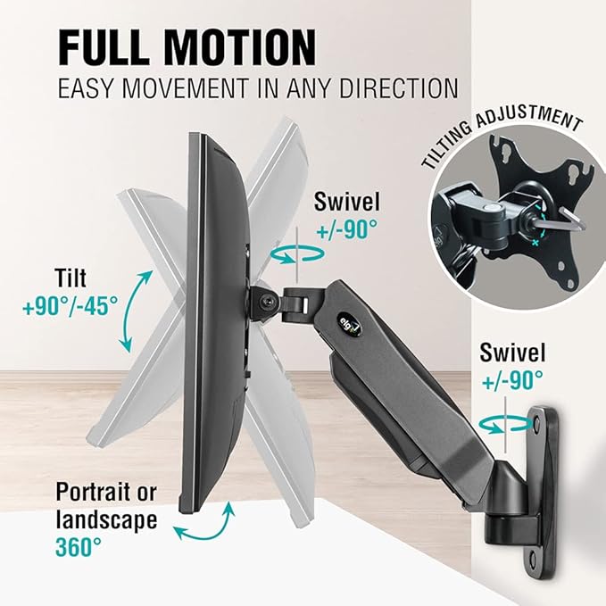 ELG Full Motion Swivel Monitor Wall Mount Stand Gas Spring for 17” to 35'' Display (4.4lbs to 19.8lbs Load), Arm Max Extension 15 inches, Computer Monitor Bracket, F410, Black