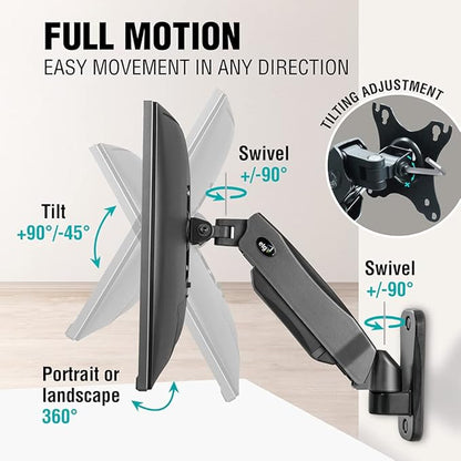 ELG Full Motion Swivel Monitor Wall Mount Stand Gas Spring for 17” to 35'' Display (4.4lbs to 19.8lbs Load), Arm Max Extension 15 inches, Computer Monitor Bracket, F410, Black