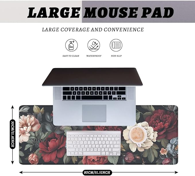Vintage Roses Desk Mat Vintage Romantic Floral Botanical XL Mouse Pad Large Mousepad Extended Laptop Keyboard Mat Gaming Desk Pad Mouse Mat 31.5"x11.8"