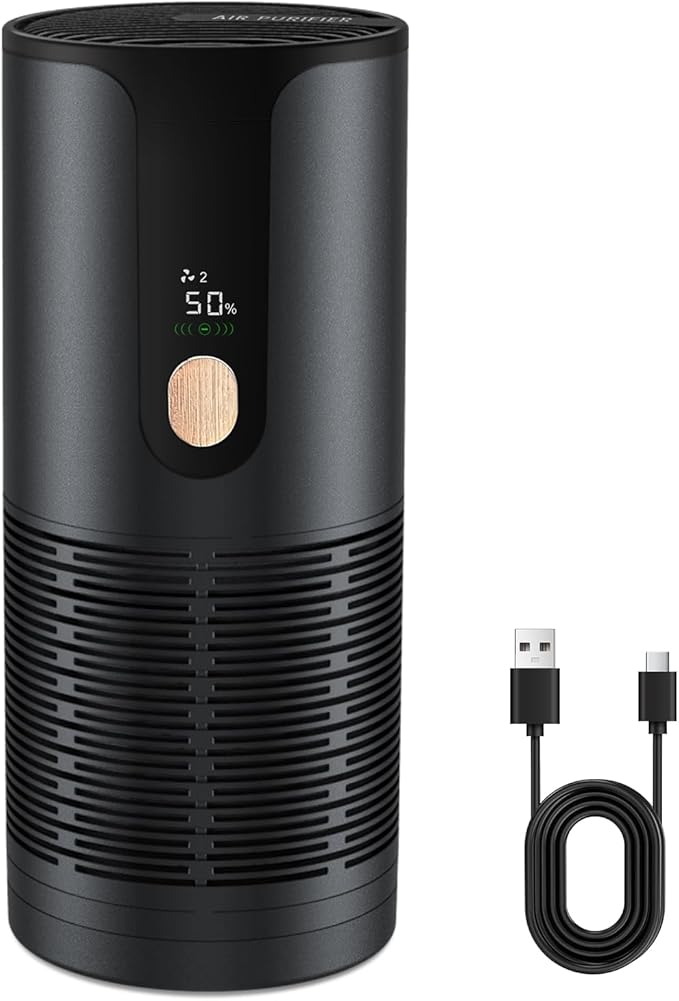 Mini Car Air Purifier-4 Layer Filtration & LCD Display,15dB Quiet,Cordless True HEPA Portable Small Air Purifier,Filters 99.97% of Smoke/Dust/Pet Odors,for Cars/Office/Travel