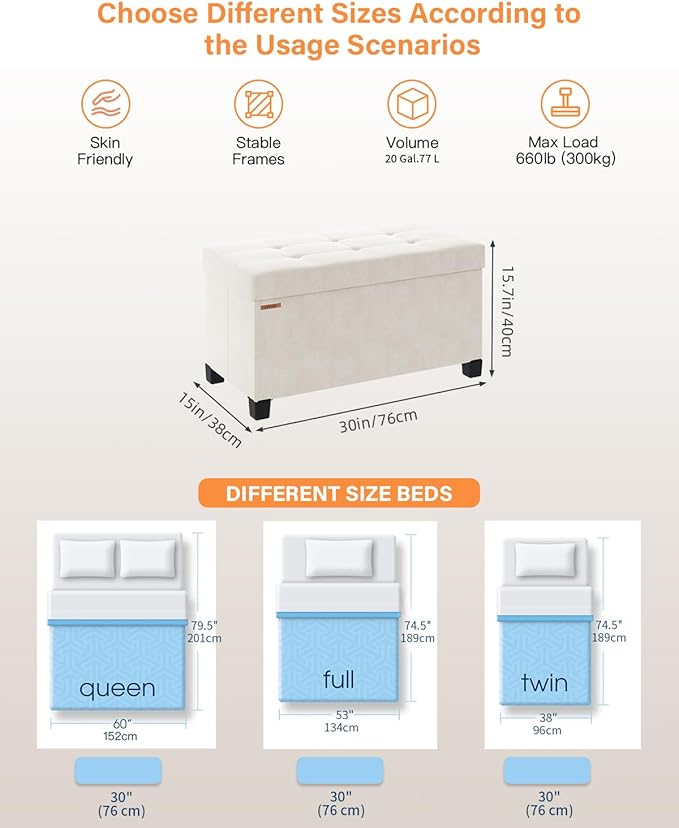 Foldable Storage Ottoman Bench, Velvet Footrest and Seat Cube with Feet, Storage Chest, for Living Room, Bedroom and Office, 15 x 30 x 15.7 Inches, Cream White,ASND23W