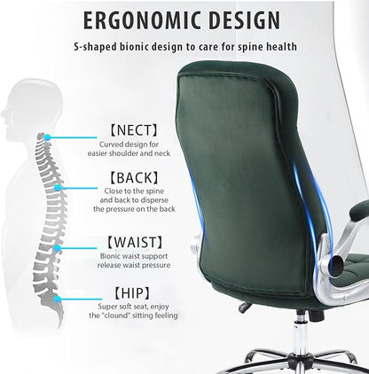 High Back Fabric Office Chair, Velvet Executive Desk Chair with Flip-Up Arms, Ergonomic Office Chairs with Lumbar Support, Upholstered Home Computer Swivel Chair with Wheels(Green)