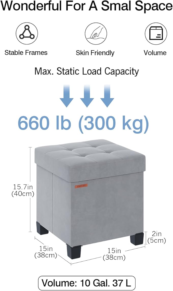 Cube Storage Ottoman, Velvet Foot Stool with Feet, Folding Bench, End of Bed Bench, Storage Chest, for Living Room, Bedroom and Office, 15 x 15 x 15.7 Inches, Dove Gray, ASND22G
