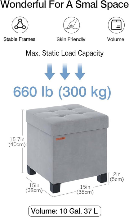 Cube Storage Ottoman, Velvet Foot Stool with Feet, Folding Bench, End of Bed Bench, Storage Chest, for Living Room, Bedroom and Office, 15 x 15 x 15.7 Inches, Dove Gray, ASND22G