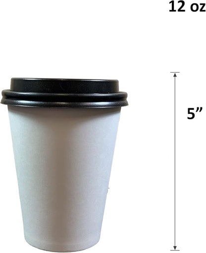 400 sets Disposable White Paper Cups with Black Lids Coffee Cups with Lids (12oz)