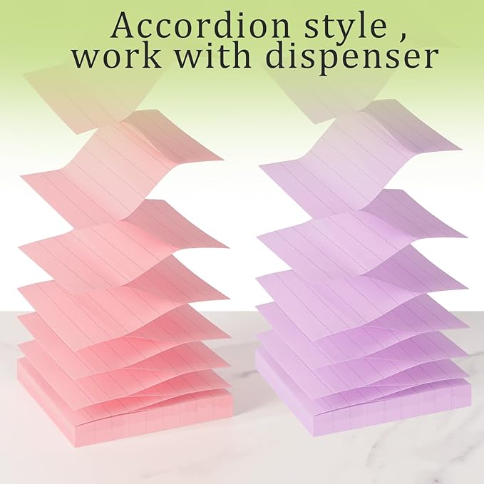 Pop Up Sticky Notes Lined 3x3 inch,12 Pad Easy to Post Sticky Notes with Lines, 600 Sheet, Pink Purple Blue Yellow Green Orange Color, Office Accessories
