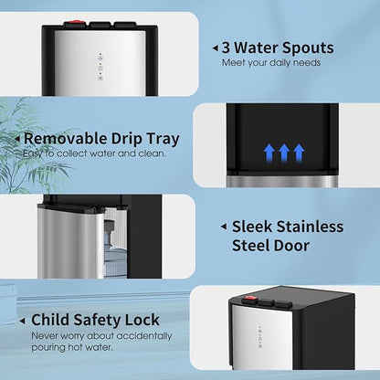 IKT Self-Cleaning Bottom Load Water Cooler Dispenser for 3-5 Gallon Bottle with Child Safety Lock Display Light Stainless Steel