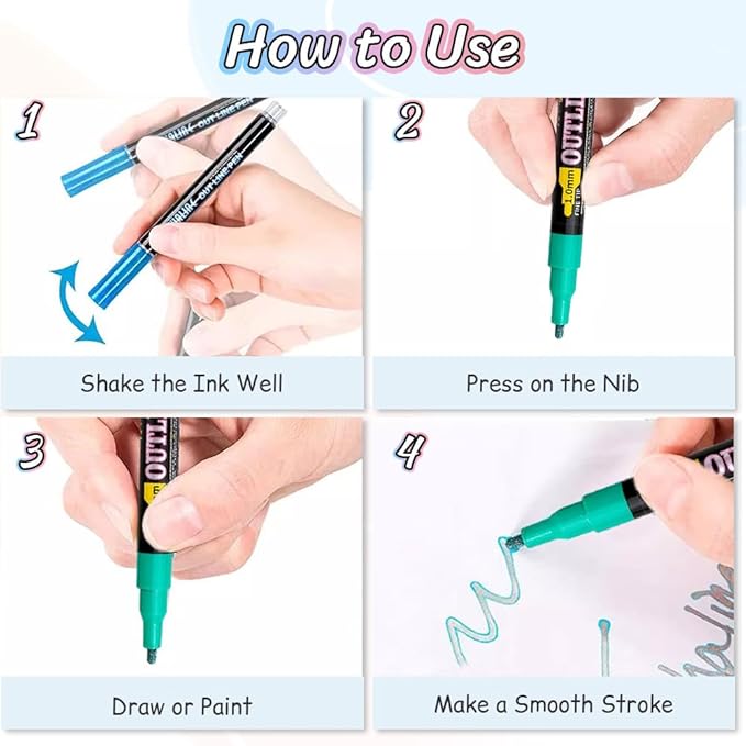 Marker Pen for Highlight,Dual-Line Highlighter Outline Marker Set, Metallic Paint Markers for Black Paper Pens Glitter Markers Scrapbook Supplies (12 Colors)