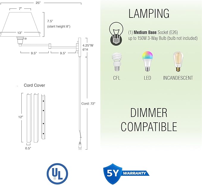 Kira Home Cambridge 15" Swing Arm Wall Lamp - Plug in/Wall Mount + White Fabric Shade, 150W 3-Way + Cord Covers, Satin Nickel Finish, 2-Pack