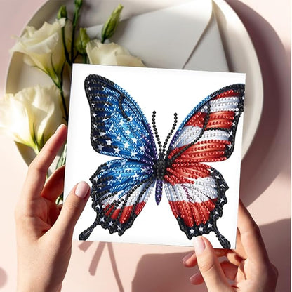 6PCS Diamond Art Painting Greeting Card Set, US Flag Butterfly Pattern DIY Cards with Envelopes for Xmas Birthdays Special Occasion Blessing