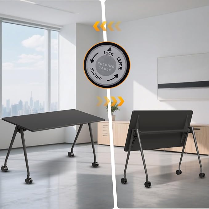 Folding Conference Table, Rectangular Conference Room Tables, Mobile Modular Training Table, Solid Steel Frame,Thickened Panel,for Offices,Meeting Room,Offices andSchools (2, A-Black, 47in)