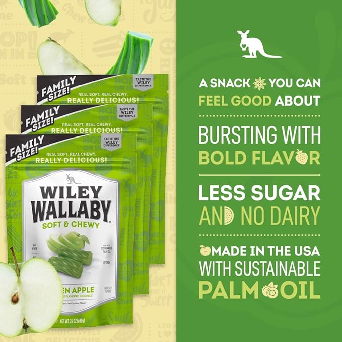 Wiley Wallaby Licorice 24 Ounce Classic Gourmet Soft & Chewy Australian Green Apple Licorice Candy Twists, 3 Pack