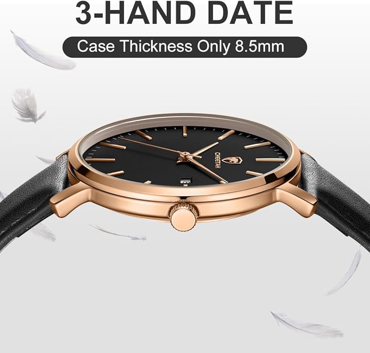 CHEETAH Minimalist Waterproof Quartz Watches for Men with Leather Strap, Auto Date
