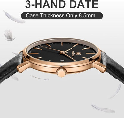 CHEETAH Minimalist Waterproof Quartz Watches for Men with Leather Strap, Auto Date