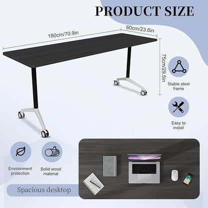 Conference Table, Folding Conference Room Tables, Modern Flip Top Seminar Training Meeting Table with Wheels, Modular Foldable Conference Tables for Home Office Classr (Black 4 Pack, 70.8inch)
