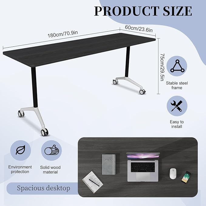 Conference Table, Folding Conference Room Tables, Modern Flip Top Seminar Training Meeting Table with Wheels, Modular Foldable Conference Tables for Home Office Classr (Black 2 Pack, 70.8inch)