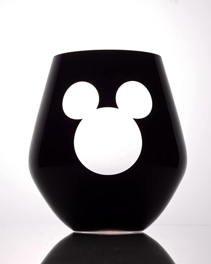 JoyJolt Disney Luxury Mickey Mouse Stemless Wine Glasses Set. 2x European Crystal Glass Drinking Glasses. Premium Xmas Stuff, Gifts and Cups. 20oz Black Wine Glass, Disney Wine Glass
