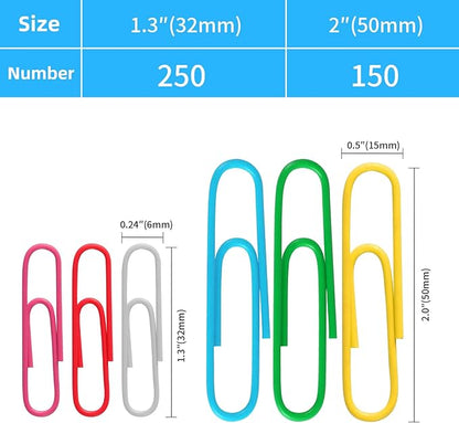 Multicolor Jumbo Paper Clips, 1.3 Inch (33mm) & 2 Inch (50mm), 400-Pack for Office, School & Home Document Organizing (Colorful, 1.3 Inch and 2 Inch)