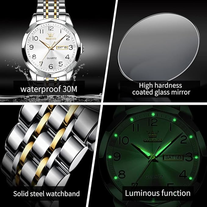 OLEVS Watch for Men Luxury Dress Analog Quartz Stainless Steel Waterproof Luminous Date Diamond Business Two Tone Casual Wrist Watch