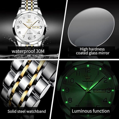 OLEVS Watch for Men Luxury Dress Analog Quartz Stainless Steel Waterproof Luminous Date Diamond Business Two Tone Casual Wrist Watch