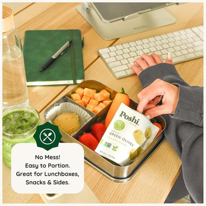 Poshi Green Olives On-The-Go - Original Flavor - Single Serve Pitted Olives - Convenient and Healthy Snack Packs - All Natural, Non-GMO, Kosher, Gluten-Free - 1.1 Oz Bags (10/Pack)