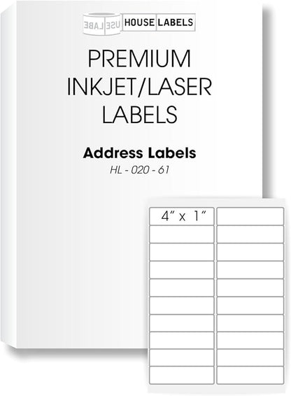 HouseLabels 200 Sheets; 4,000 Labels, 20-UP, Shipping/Mailing Labels (4.0" x 1.0") - BPA Free!