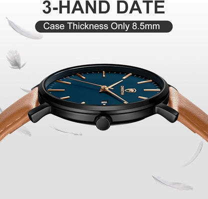 CHEETAH Minimalist Waterproof Quartz Watches for Men with Leather Strap, Auto Date