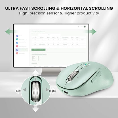 Wireless Bluetooth Mouse for Laptop,USB+BT×2,Quiet Ergo Computer Mouses,Metal 4-Way Super Scrolling,± 3200 DPI,Rechargeable,10 Button,Plug&Play,Multi Device Cordless Mice for iPad,Tablet,Mac,PC(Green)